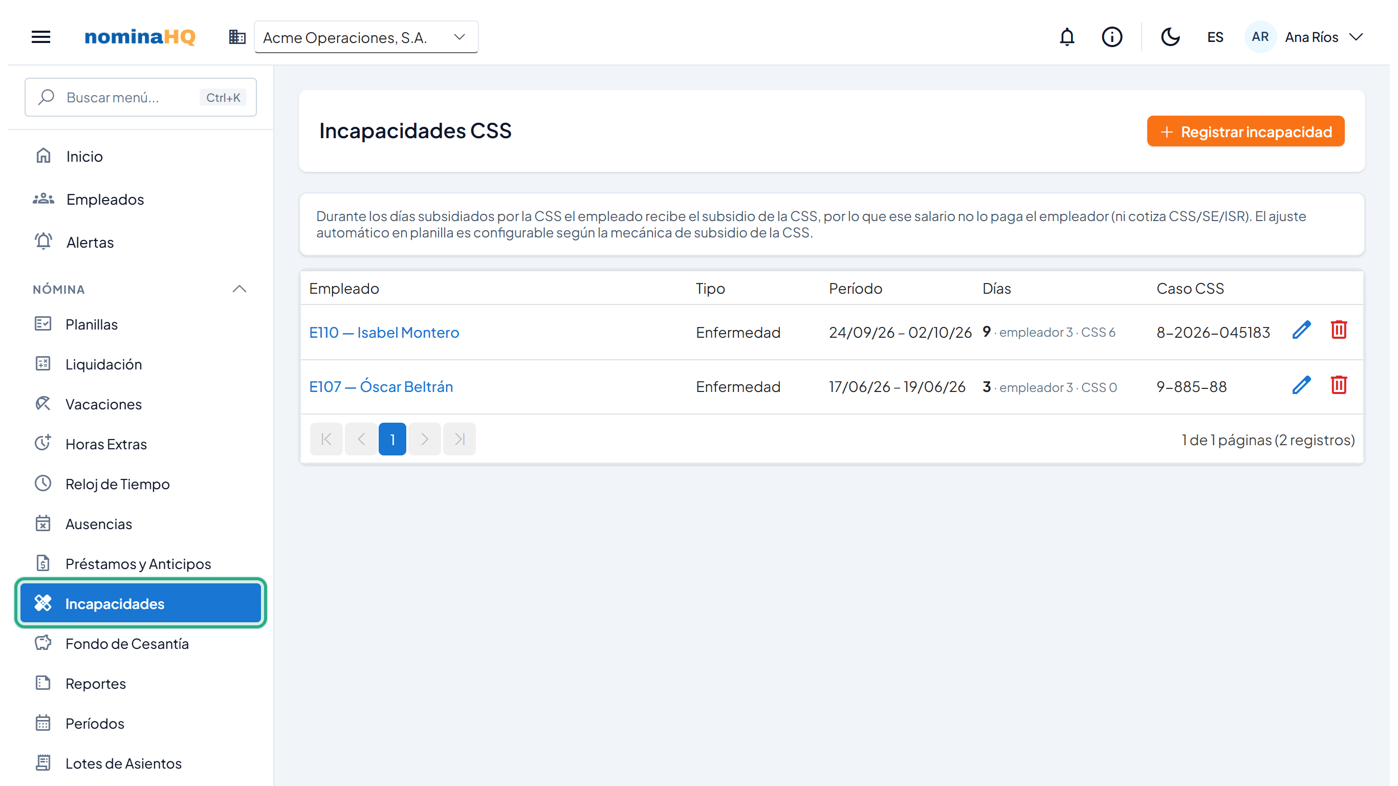 Pantalla Incapacidades CSS con el menú Nómina → Incapacidades resaltado