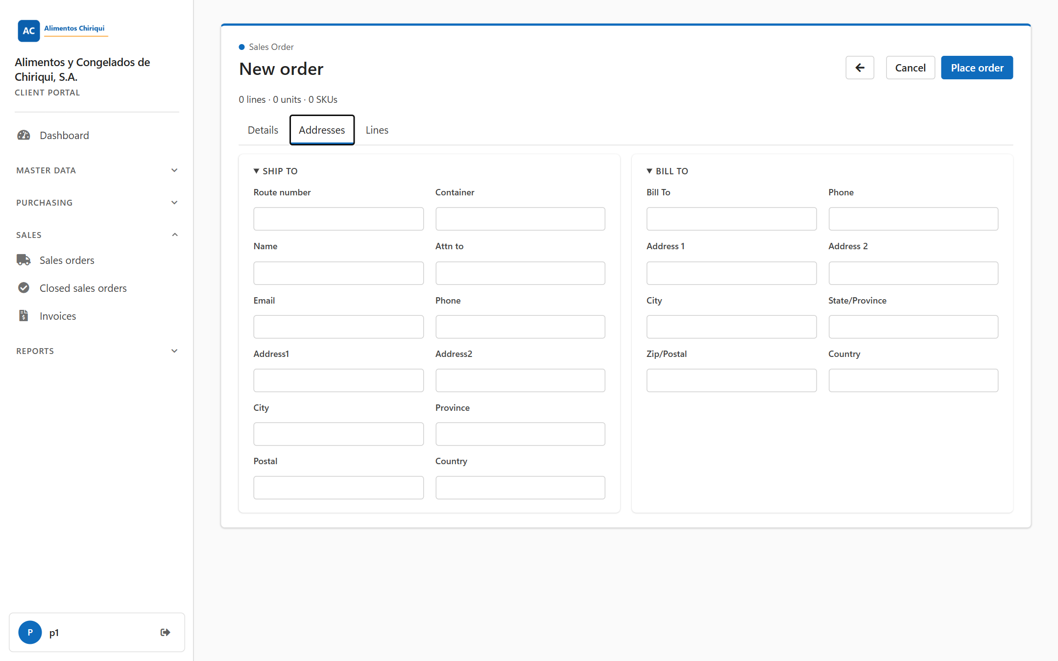 The Addresses tab of the New order form with the Ship to and Bill To sections