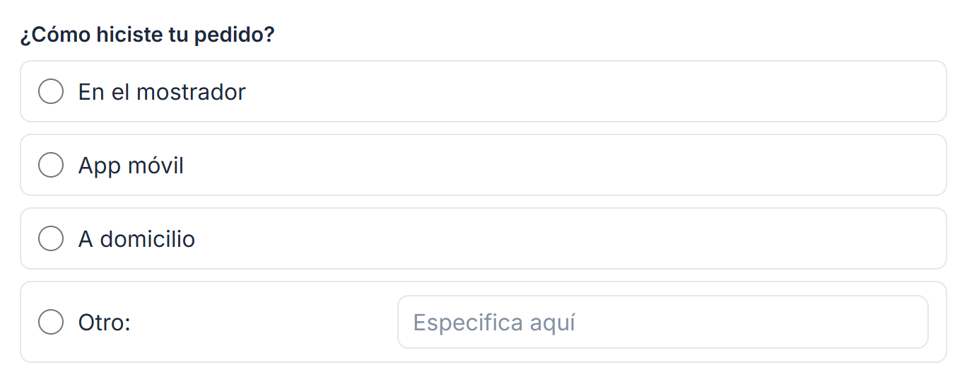 La pregunta ¿Cómo hiciste tu pedido? con las opciones En el mostrador, App móvil, A domicilio y Otro con su cuadro