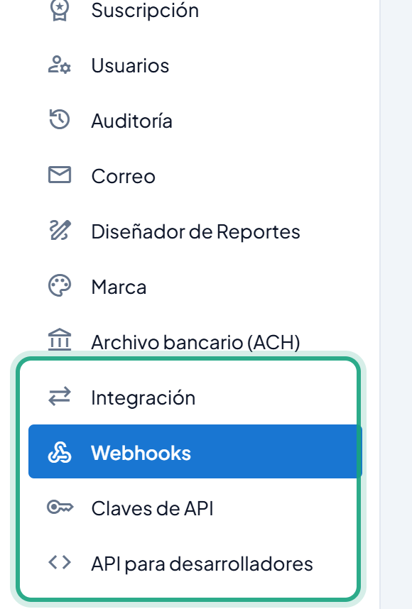 Menú Configuración con las opciones Integración, Webhooks, Claves de API y API para desarrolladores resaltadas
