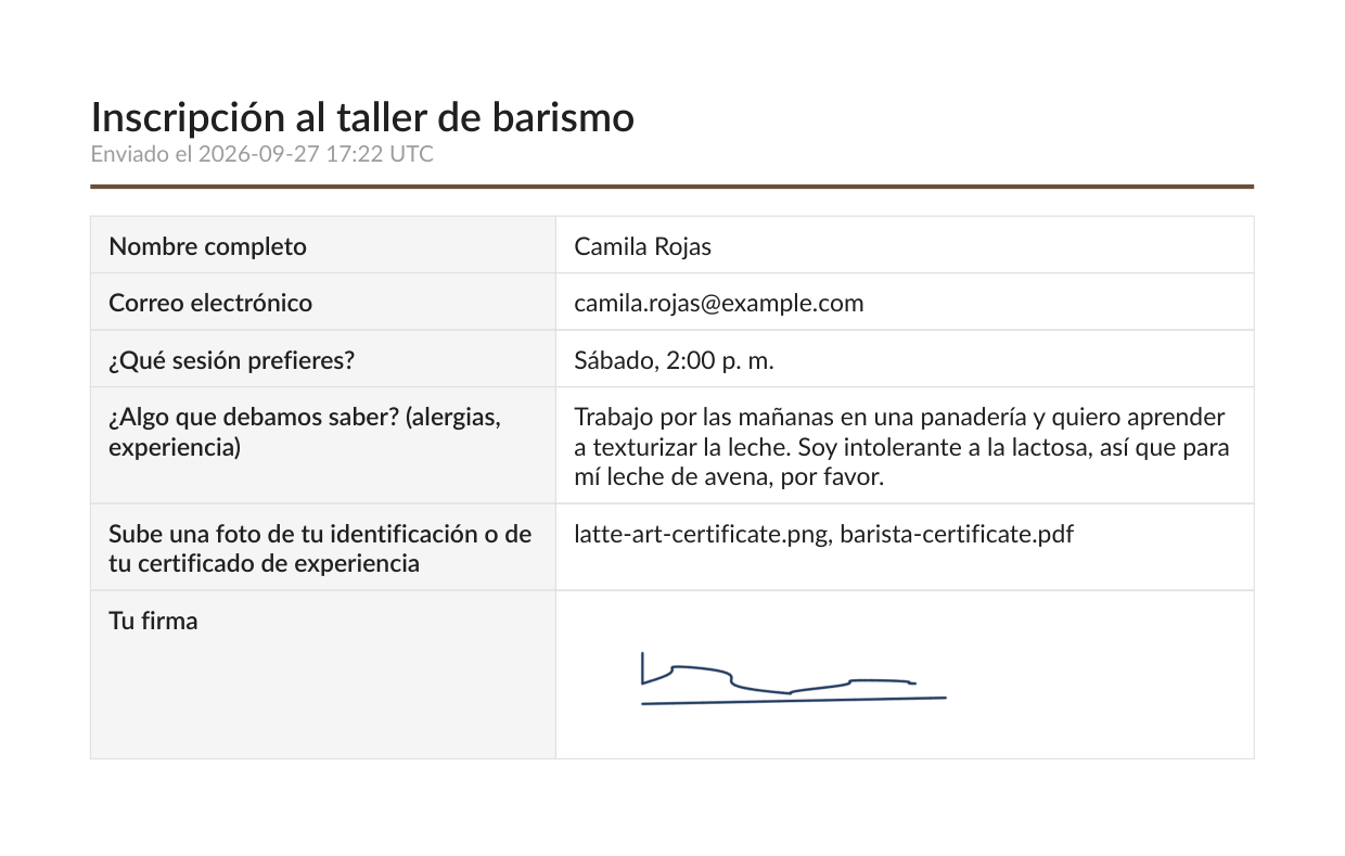 La página 1 del PDF con el diseño Clásico: Inscripción al taller de barismo, Enviado el 2026-09-27 17:22 UTC, y una tabla con las respuestas de Camila, los nombres de los archivos y su firma