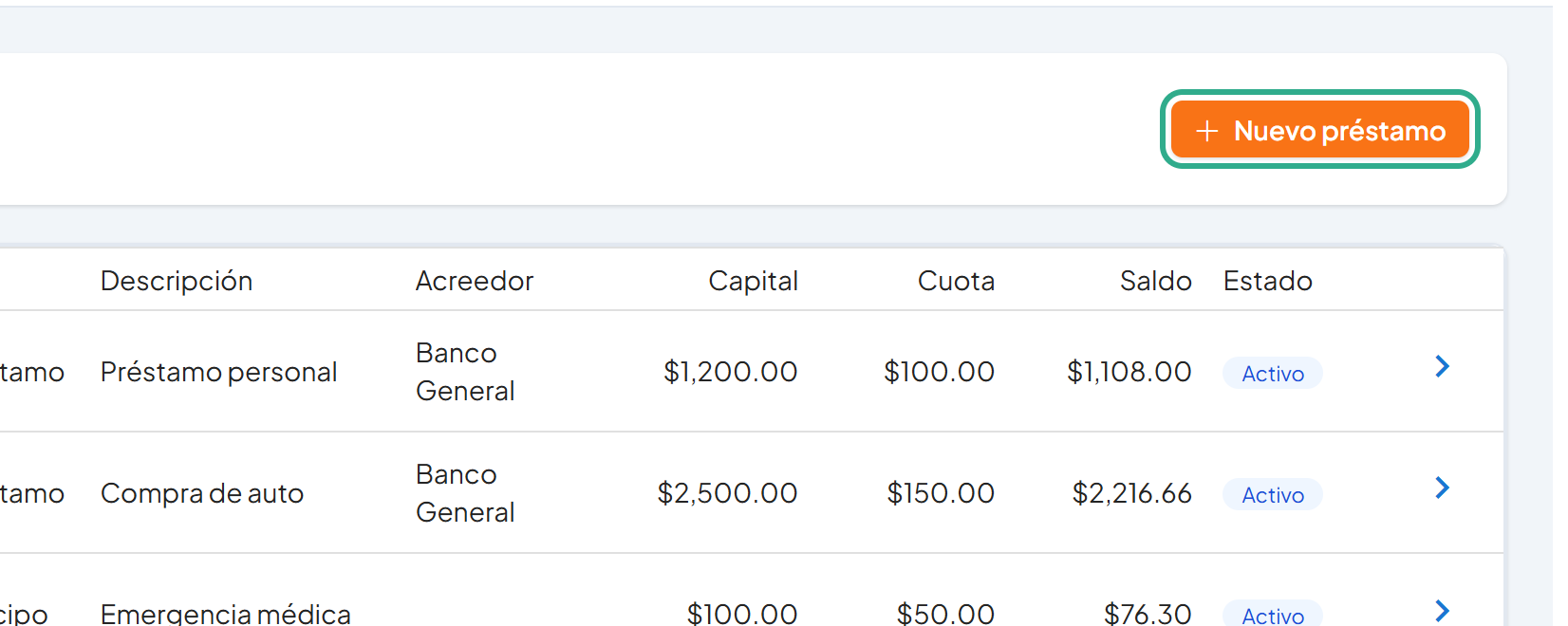 Botón Nuevo préstamo resaltado en la parte superior de la lista