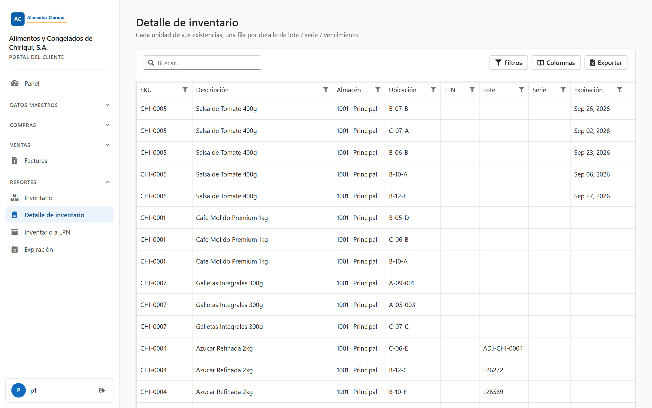 El reporte Detalle de inventario con sus diez columnas