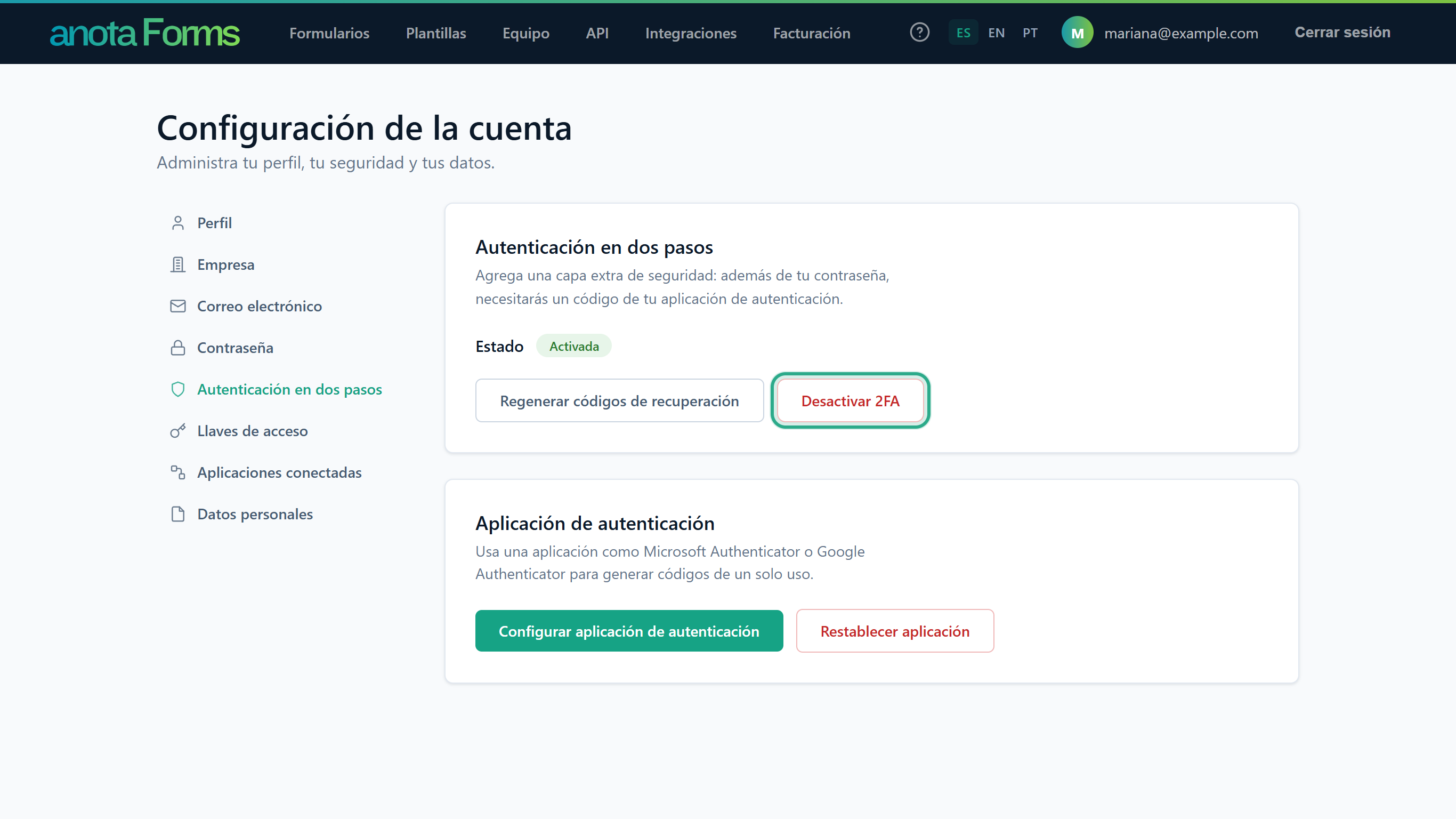 La sección Autenticación en dos pasos con el botón Desactivar 2FA resaltado