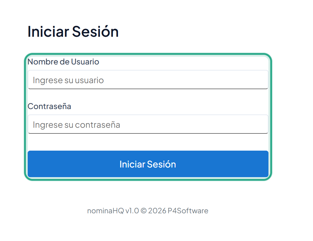 Página Iniciar Sesión con los campos Nombre de Usuario y Contraseña y el botón Iniciar Sesión resaltados