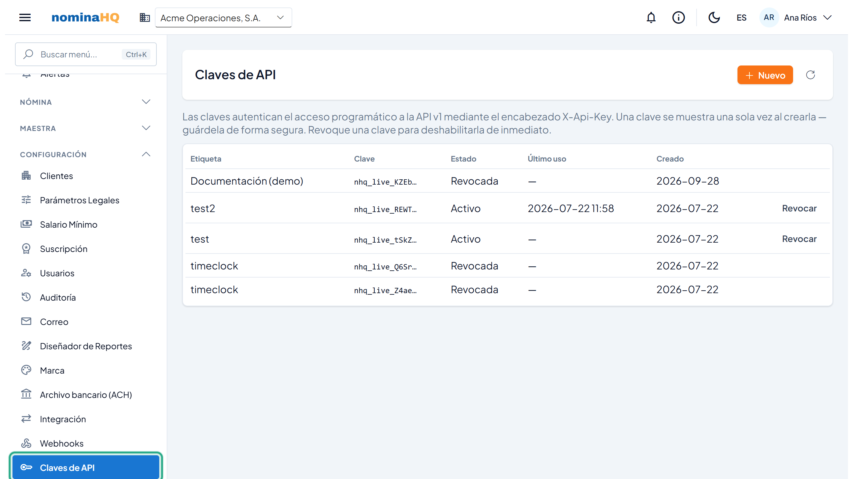 Pantalla Claves de API con la lista de claves y la opción Claves de API del menú resaltada