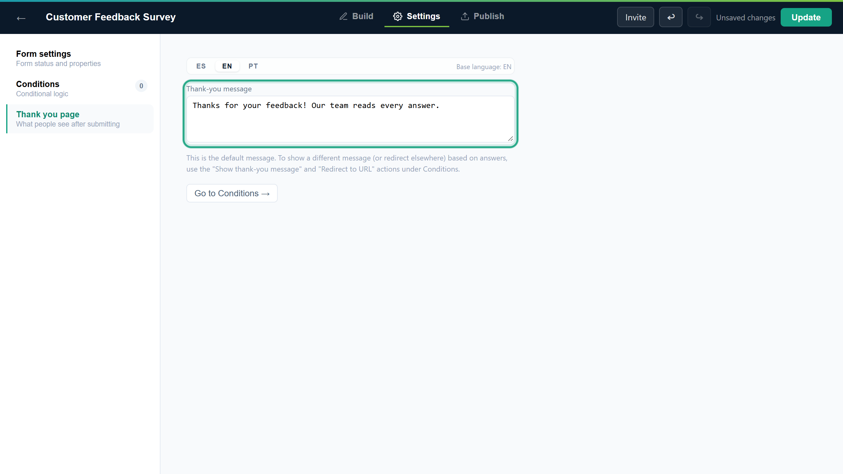 The Thank you page section on the EN tab with the Thank-you message box outlined, containing the English message