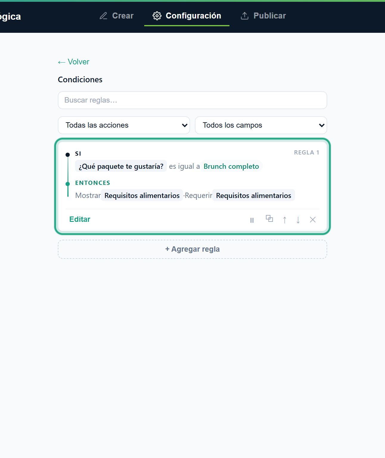 La Regla 1 con sus dos acciones, Mostrar Requisitos alimentarios y Requerir Requisitos alimentarios, resaltada