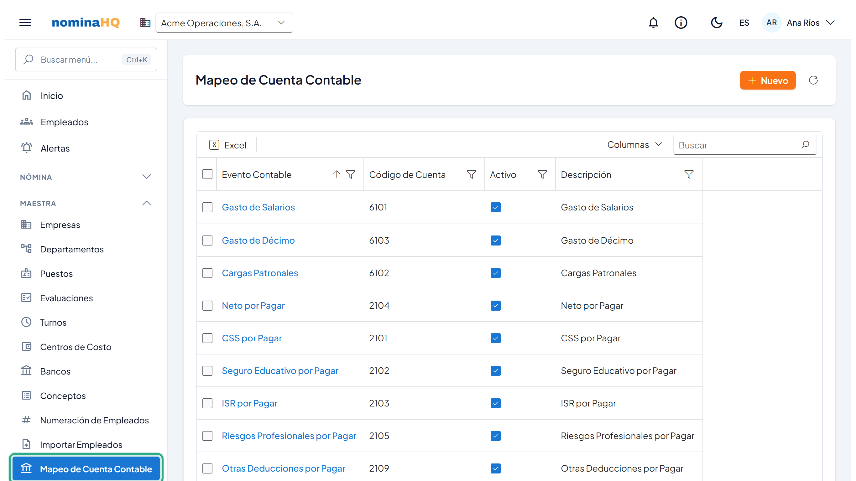 Pantalla Mapeo de Cuenta Contable con la lista de eventos y sus cuentas, y el menú Maestra → Mapeo de Cuenta Contable resaltado