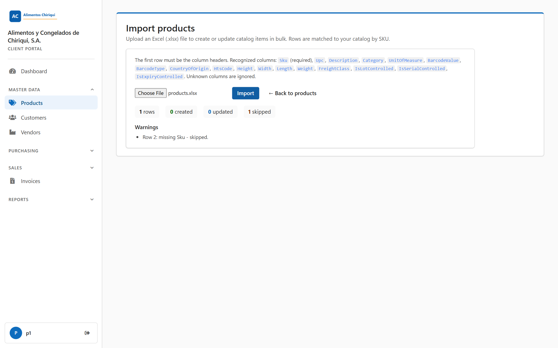 The result of an import showing the four counters and the Warnings list