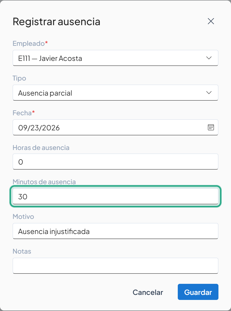 Campo Minutos de ausencia resaltado con el valor 30