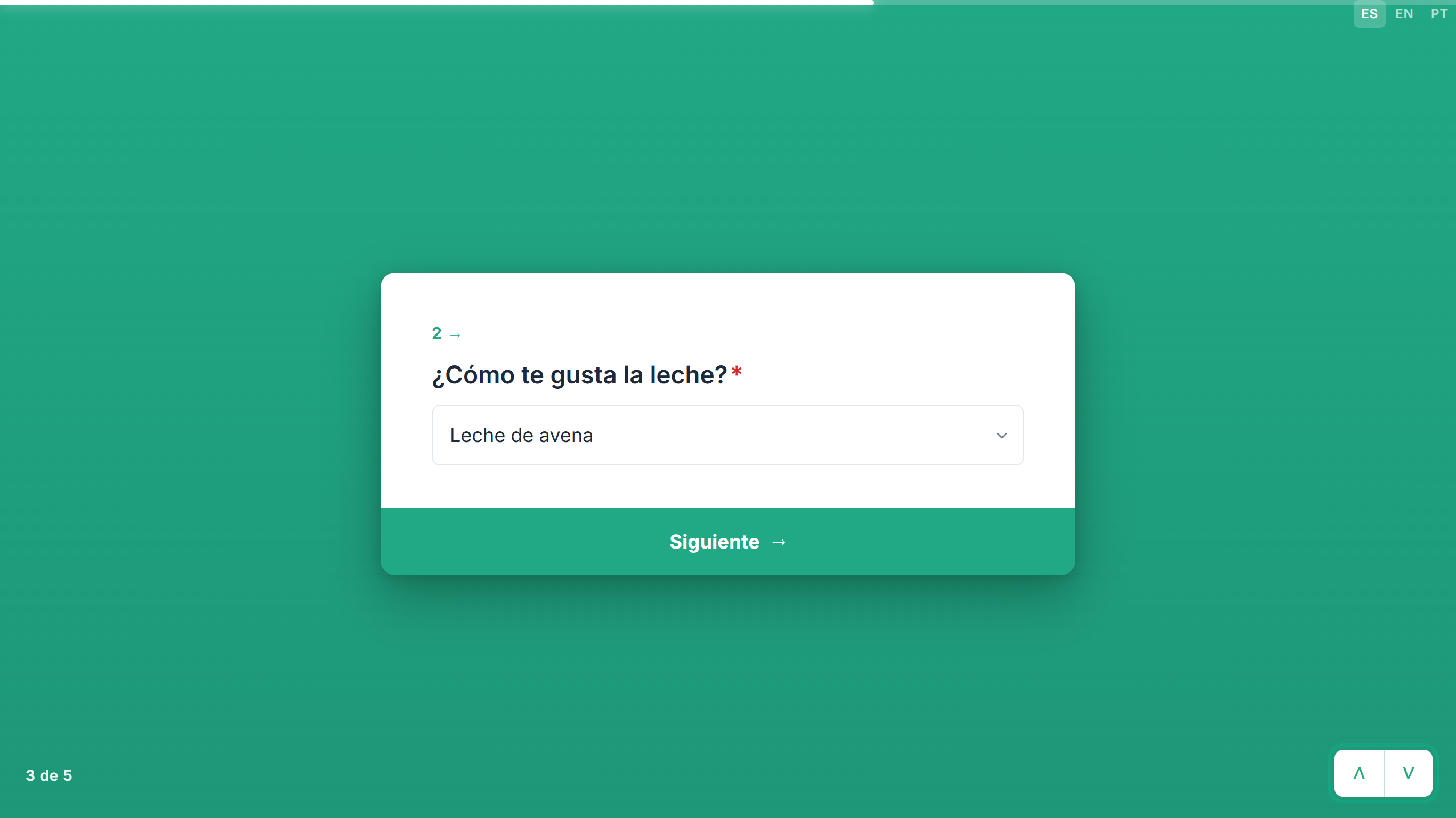 La tarjeta de la leche con Leche de avena elegida en la lista desplegable, y los botones de flecha arriba y abajo resaltados en la esquina inferior derecha
