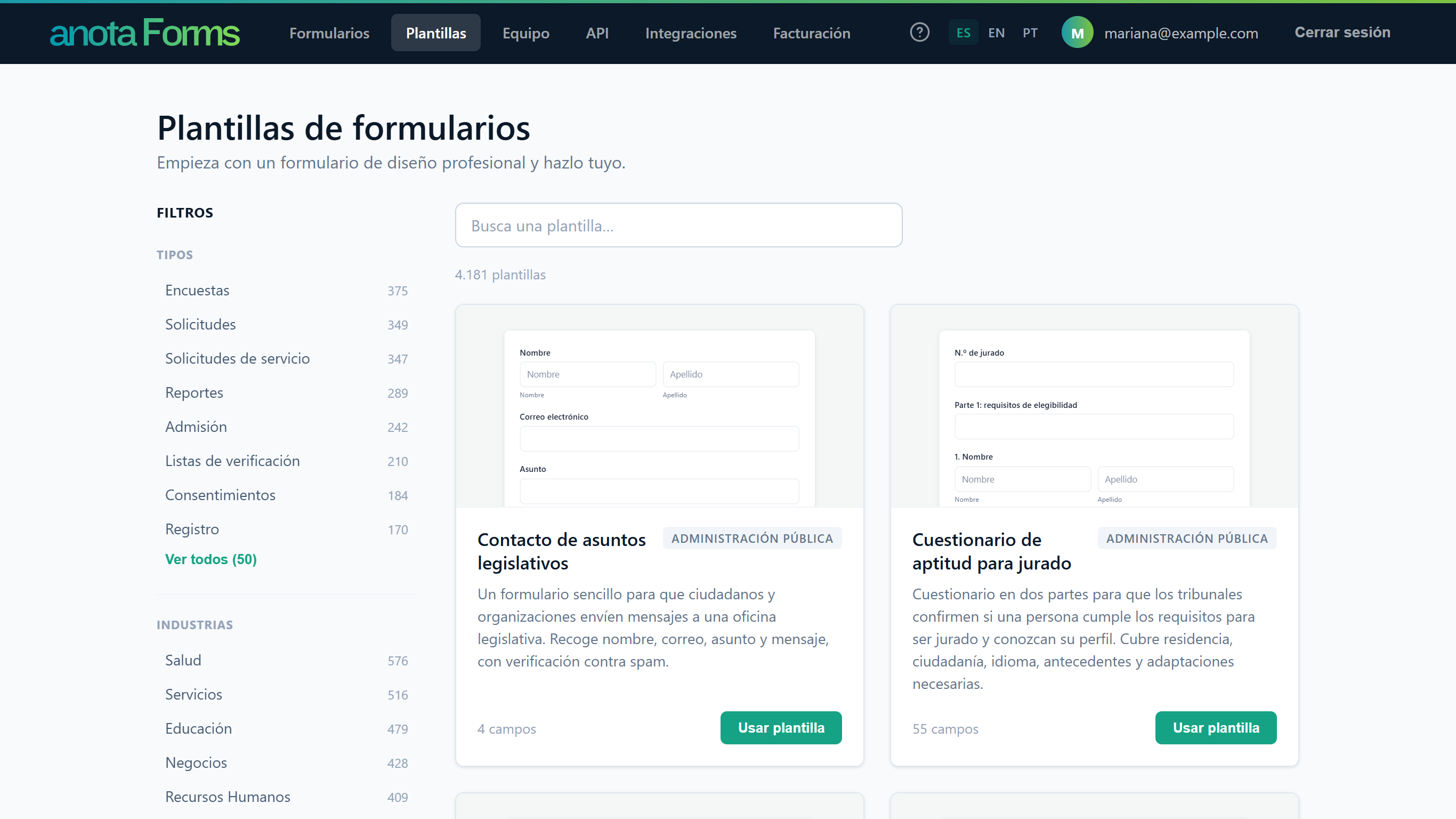 La galería Plantillas de formularios de anota, con el panel Filtros, el cuadro Busca una plantilla y las primeras tarjetas de plantillas
