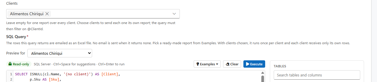 The Clients box with two clients chosen, and the Preview for list above the SQL editor set to one of them