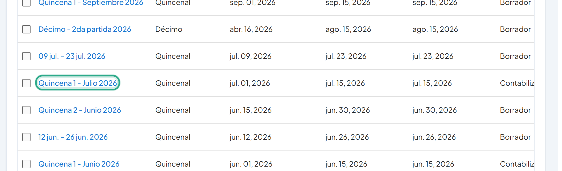 Lista de planillas con el enlace Quincena 1 - Julio 2026 resaltado