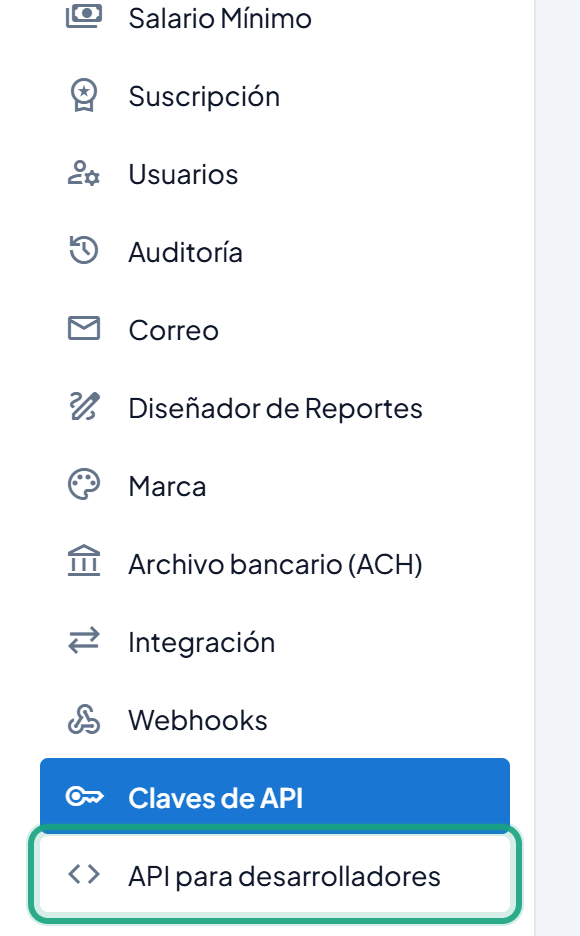 Menú Configuración con la opción API para desarrolladores resaltada debajo de Claves de API