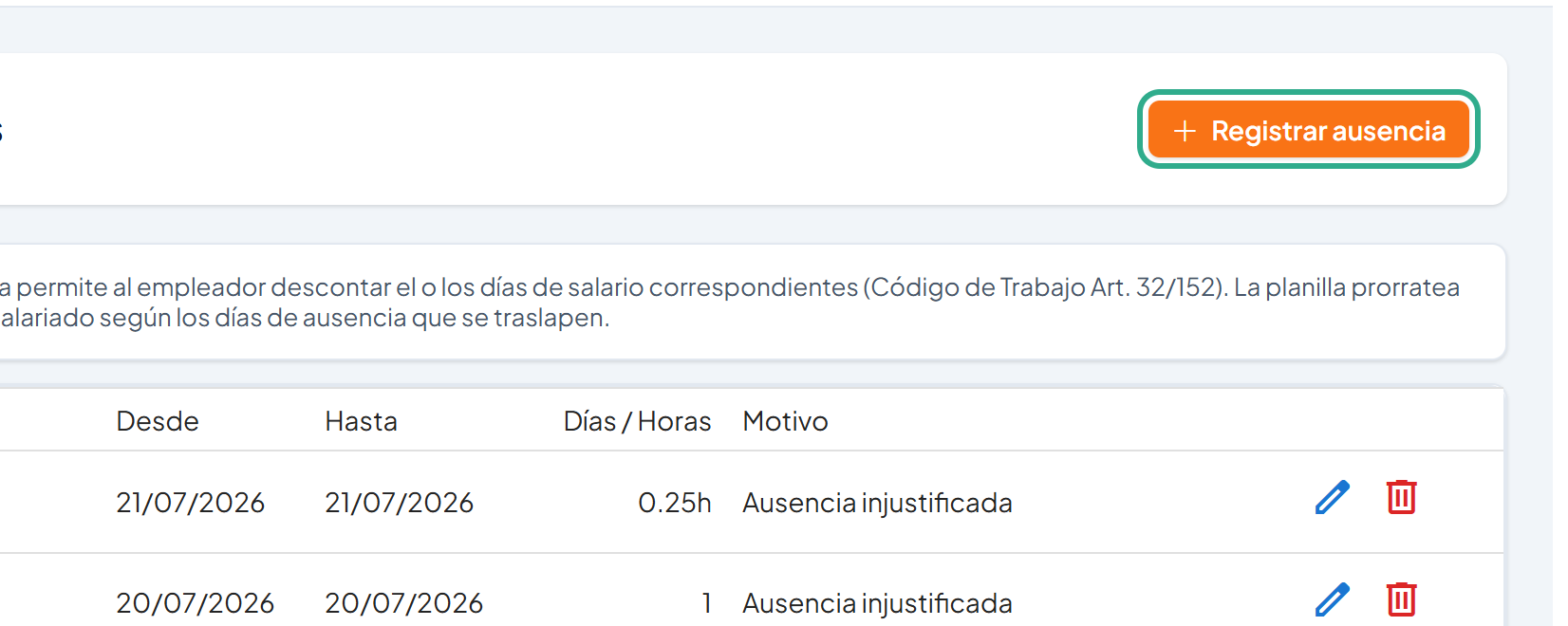 Botón Registrar ausencia resaltado en la parte superior de la pantalla