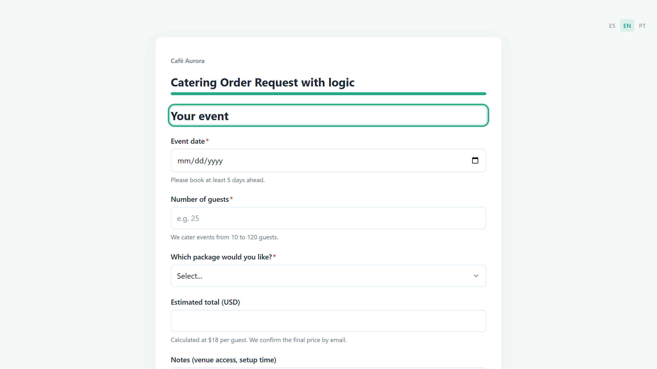 The Your event page, with its title outlined, shown straight after Your details