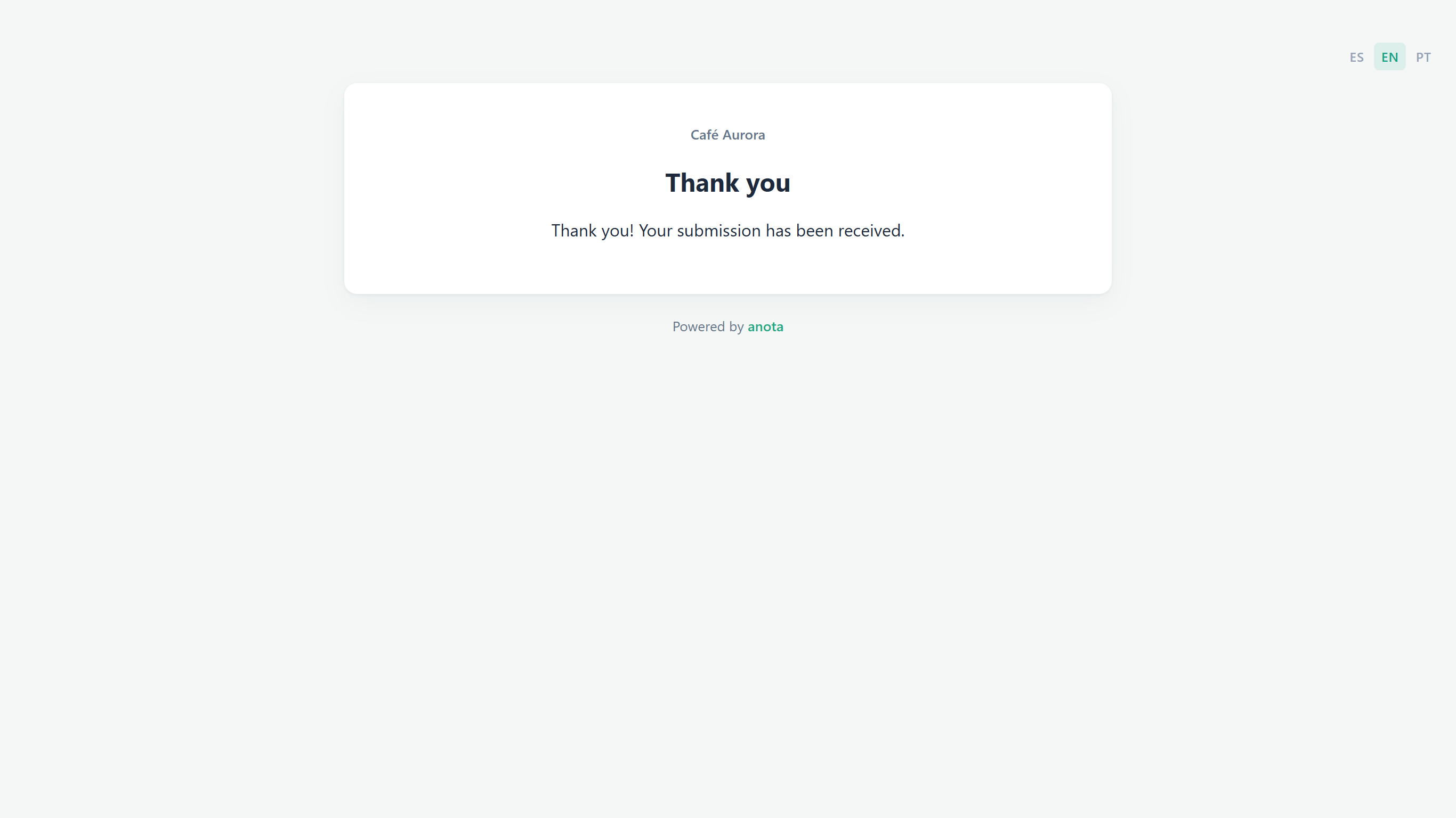 The public thank-you page from Café Aurora: Thank you! Your submission has been received.