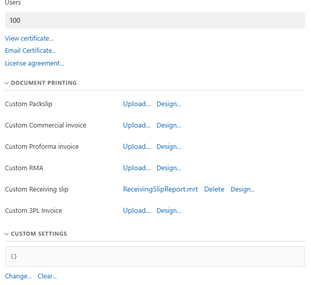 The License links, the Document printing list with Upload and Design links for each document, and the Custom settings box