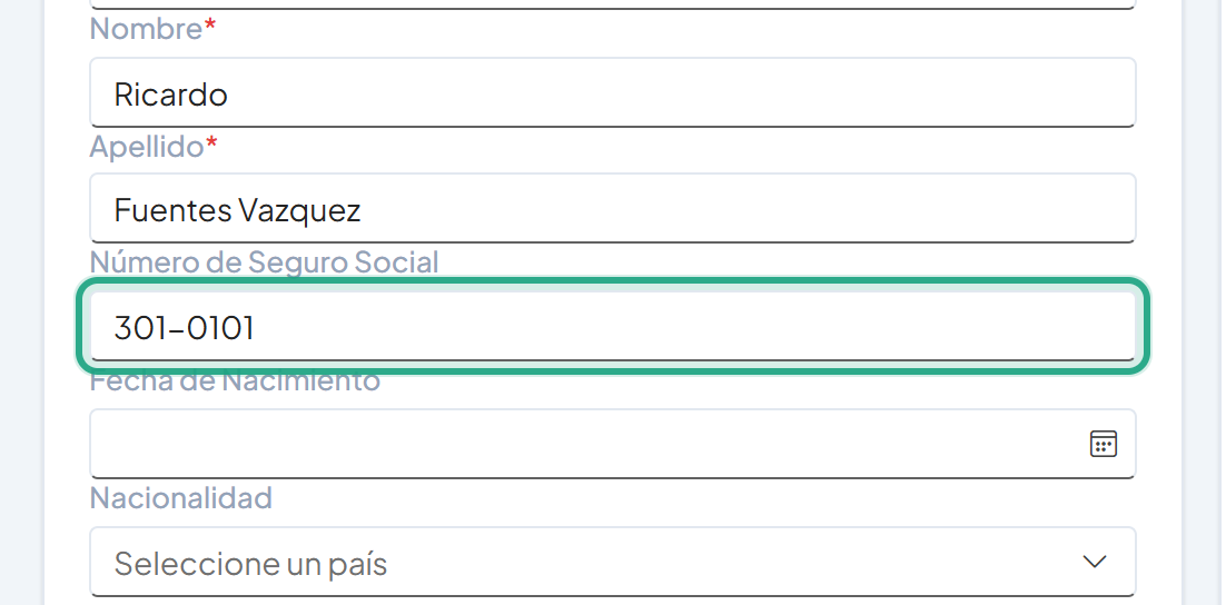 Campo Número de Seguro Social con el valor 301-0101 resaltado en la ficha del empleado