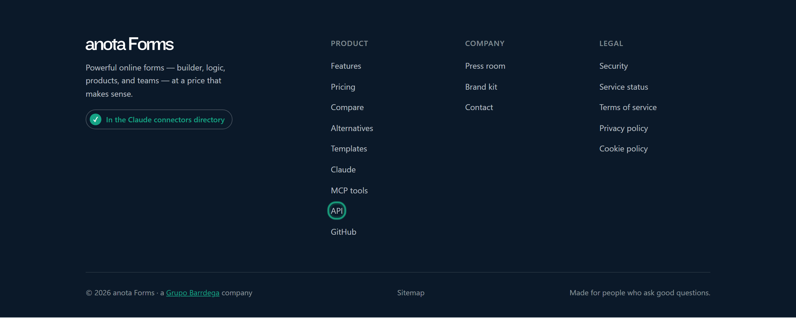 The anota.cloud website footer with API outlined in the Product column, between MCP tools and GitHub