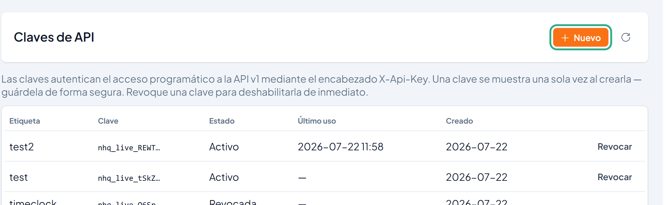 Botón Nuevo resaltado en la parte superior de Claves de API