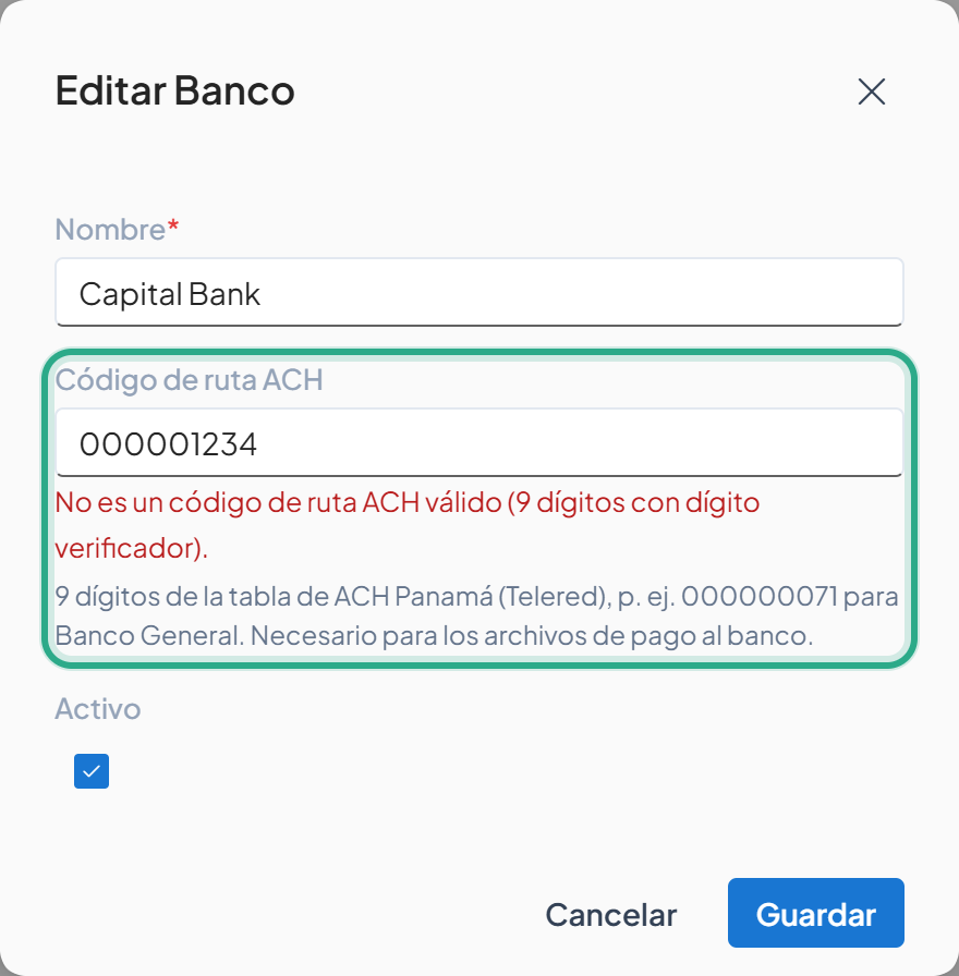 Campo Código de ruta ACH con el valor 000001234 y el aviso No es un código de ruta ACH válido