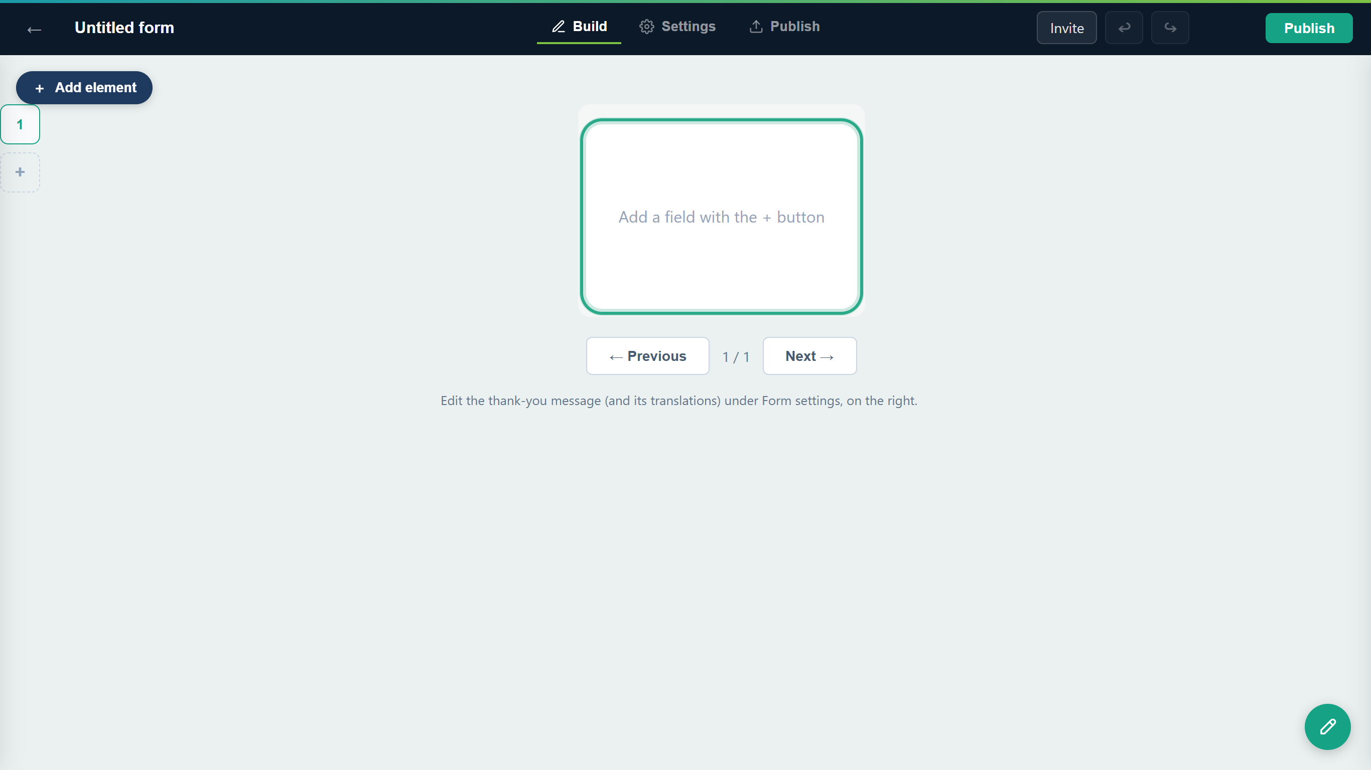 The Card editor of a new form: the card list on the left, an empty card outlined in the middle, and the Previous and Next buttons below it