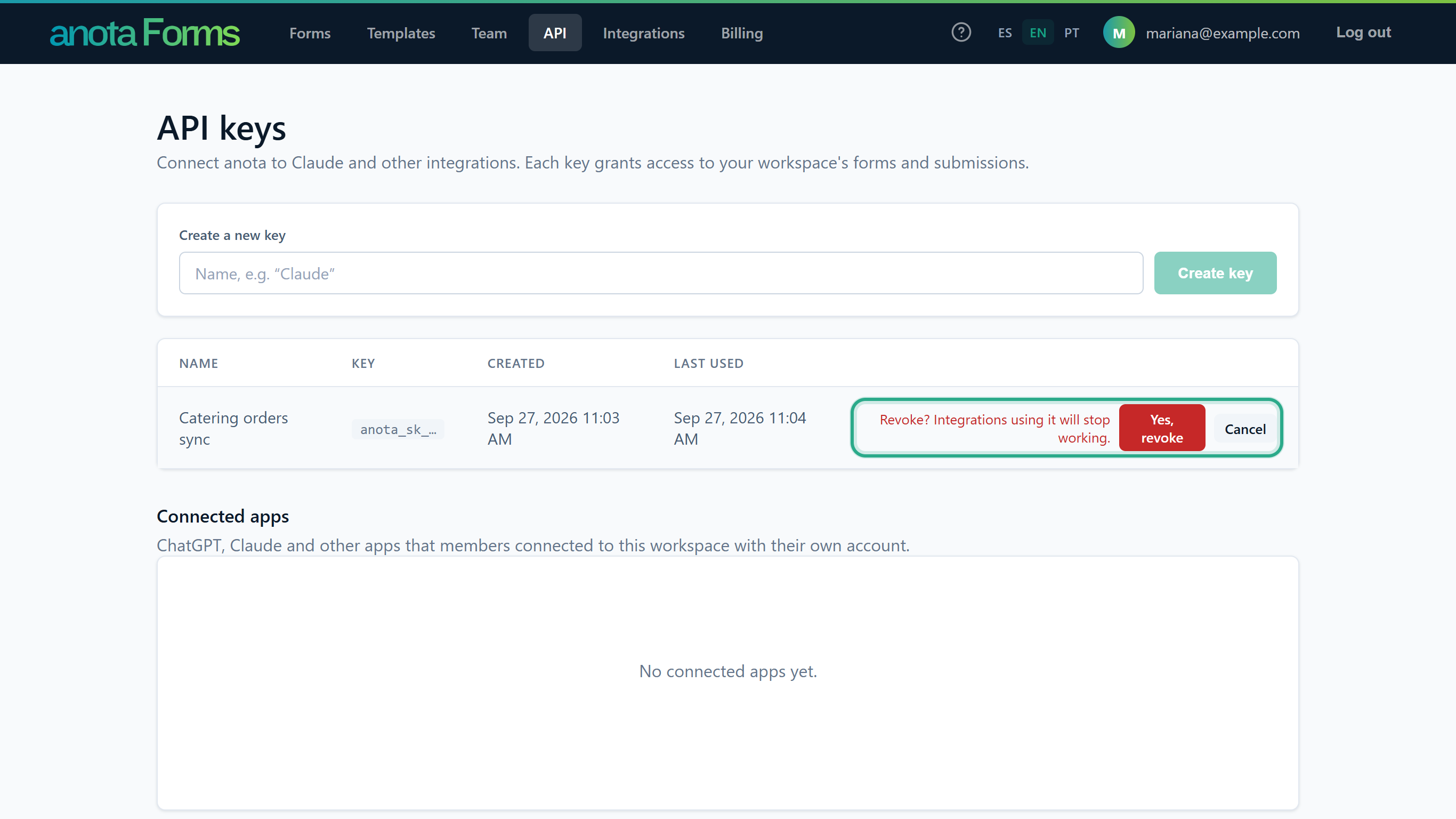The inline confirmation outlined: Revoke? Integrations using it will stop working., Yes, revoke in red and Cancel