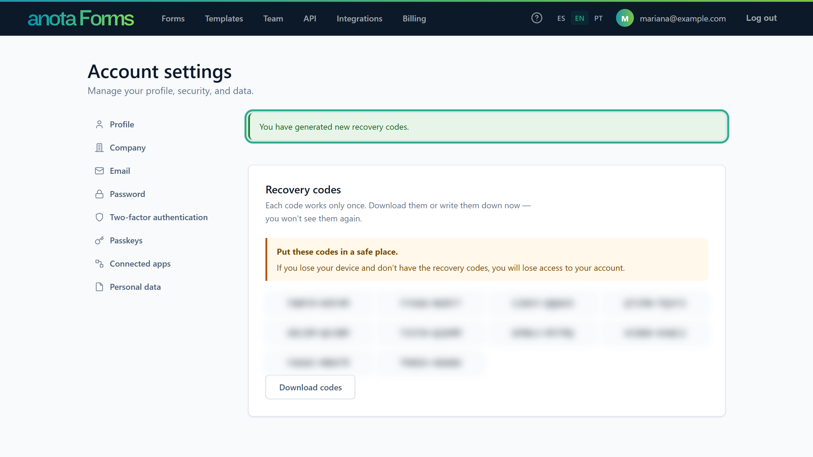 The message You have generated new recovery codes. outlined, above the Recovery codes card with 10 new codes (blurred here) and the Download codes button