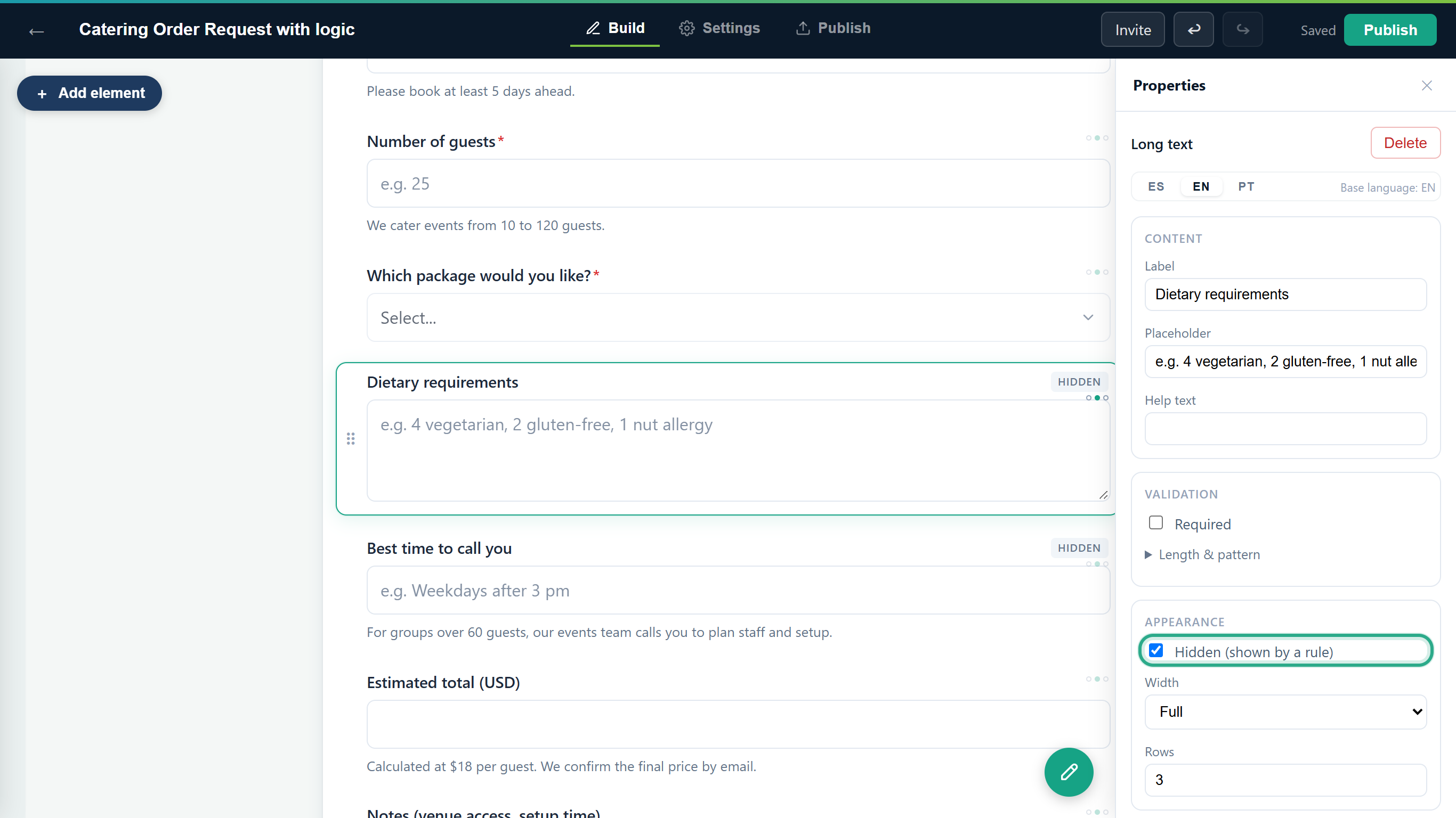 The Dietary requirements field with a HIDDEN badge on the canvas and the Hidden (shown by a rule) option ticked and outlined in Properties