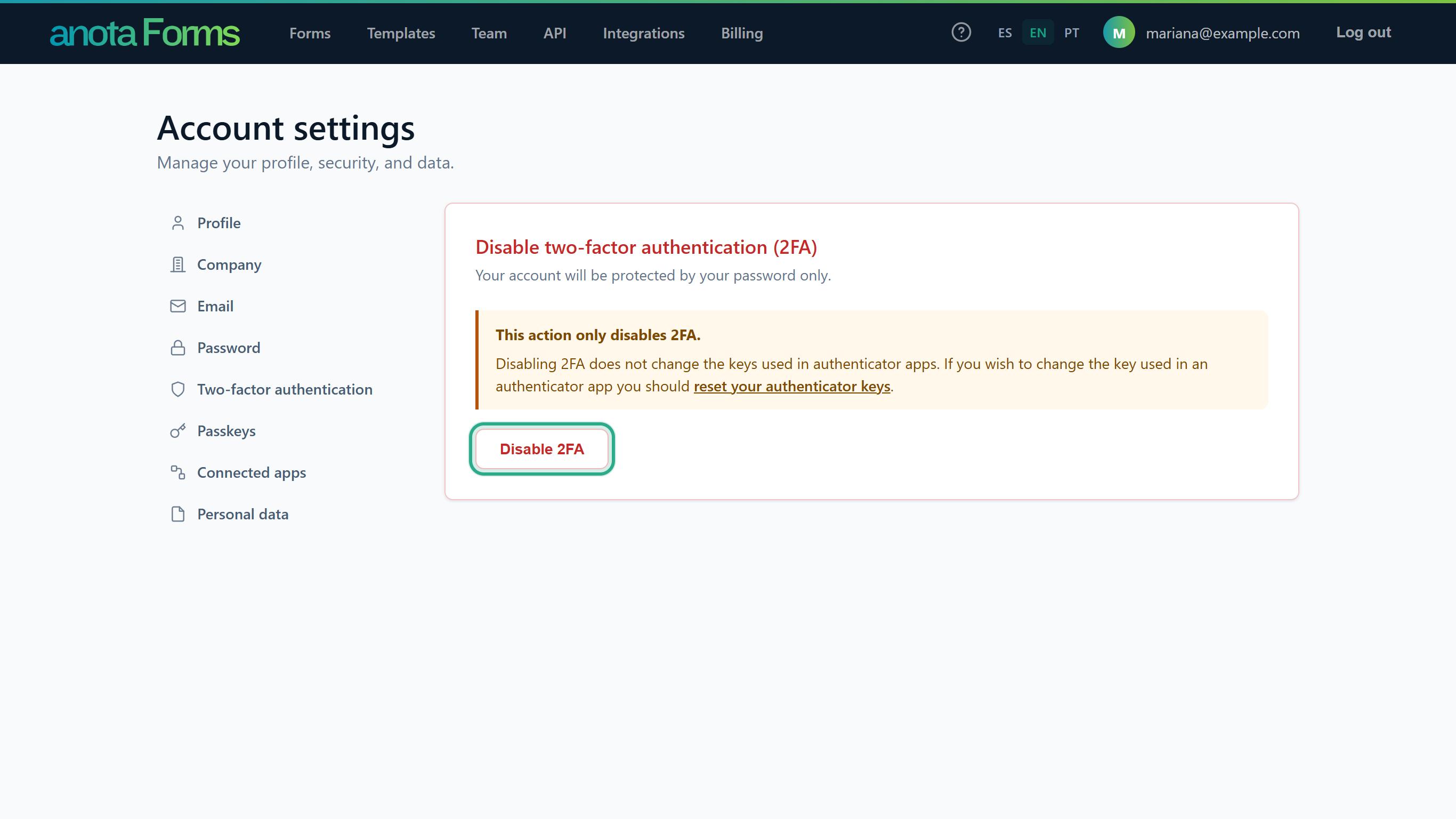 The Disable two-factor authentication (2FA) card with the warning This action only disables 2FA. and the Disable 2FA button outlined