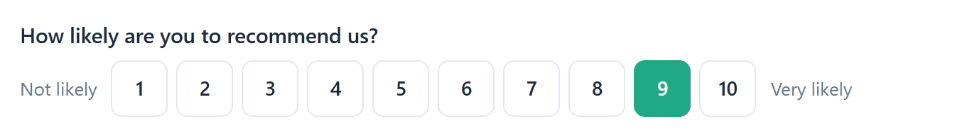 The question How likely are you to recommend us? with buttons 1 to 10 between Not likely and Very likely, with 9 selected