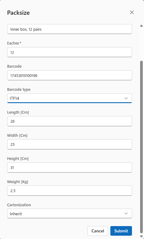 The Packsize dialog filled in for a Box of 12 with an ITF14 barcode, dimensions and weight