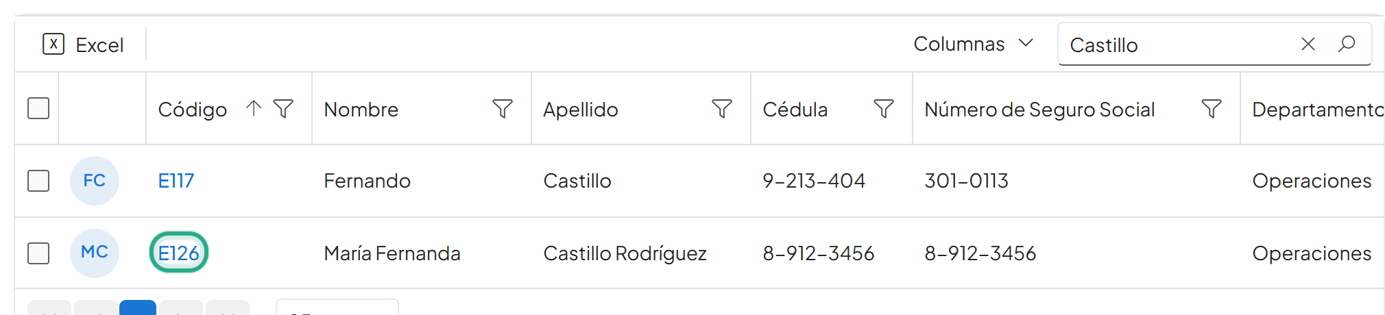 Lista filtrada con el enlace E126 resaltado