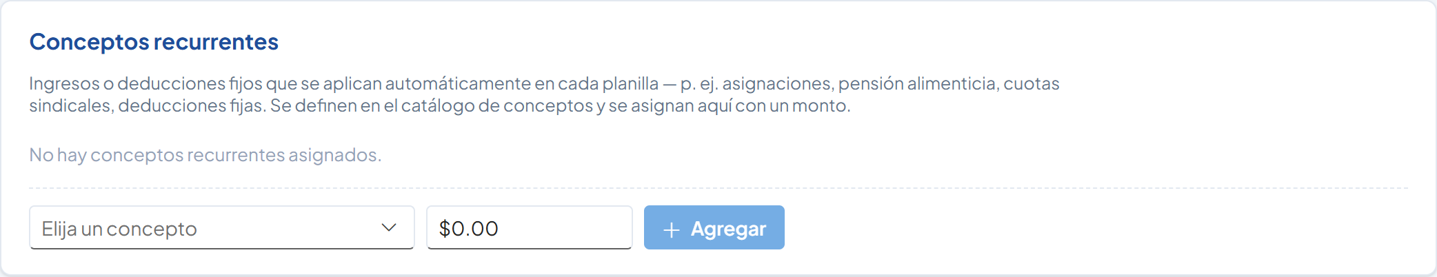 Sección Conceptos recurrentes de la ficha, sin conceptos asignados