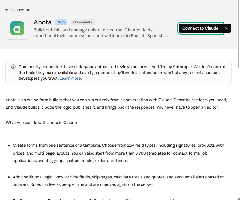 The Anota page in Claude's connector directory, with its description and the Connect to Claude button outlined