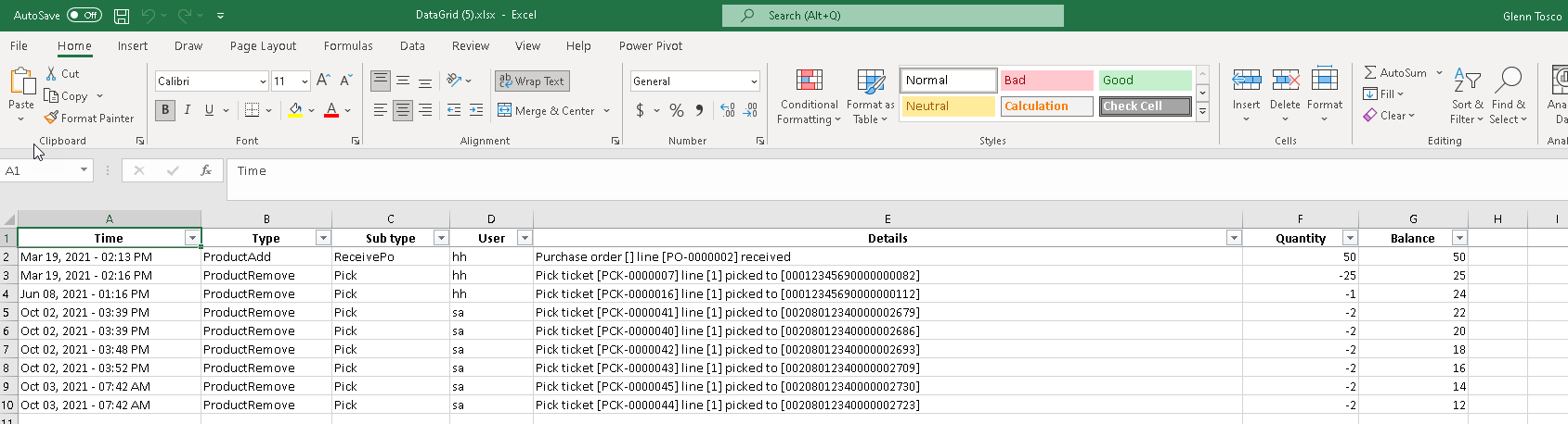 P4 Warehouse Product Audio export WMS Data to excel