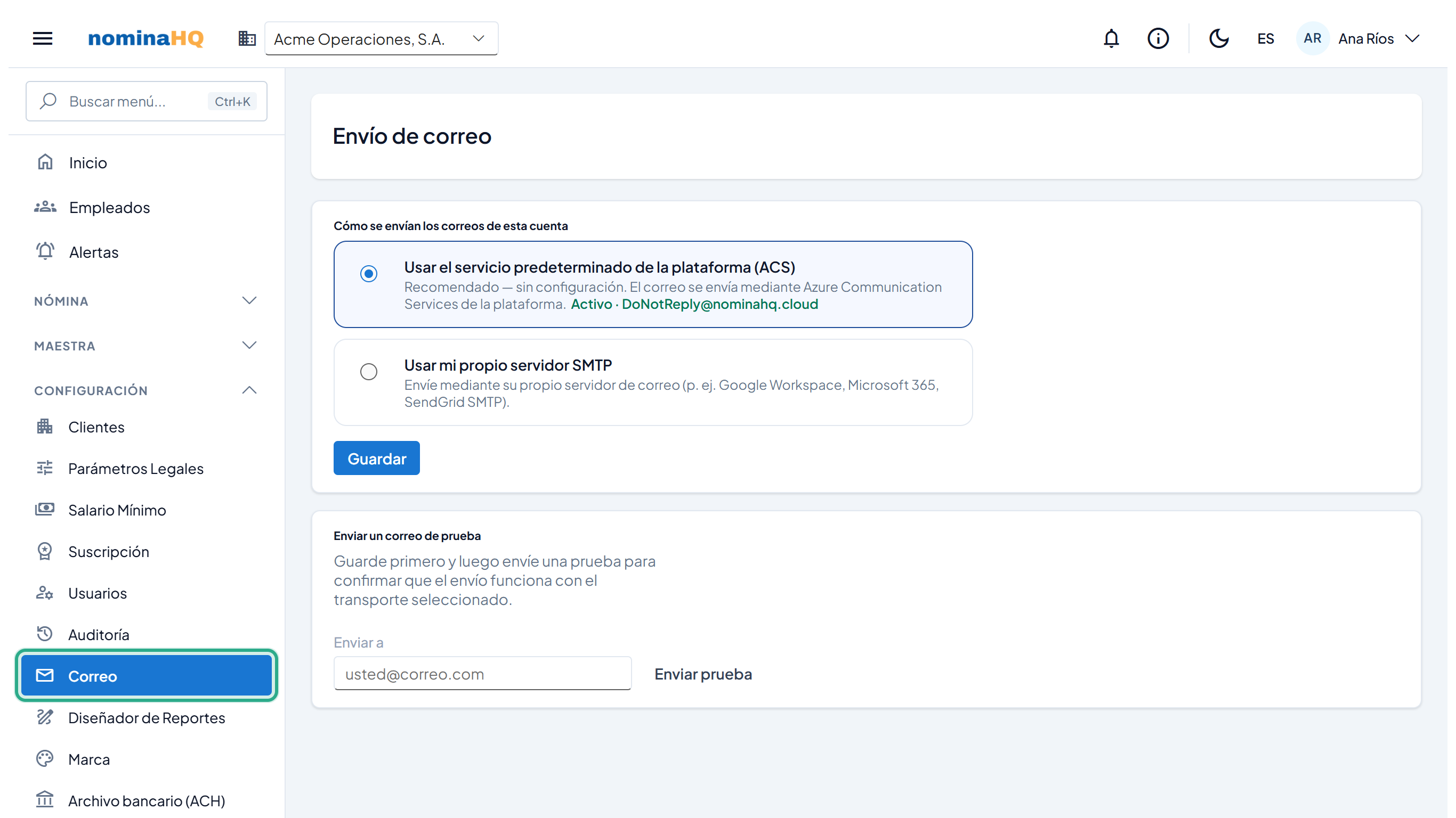Pantalla Envío de correo con la opción Correo del menú resaltada