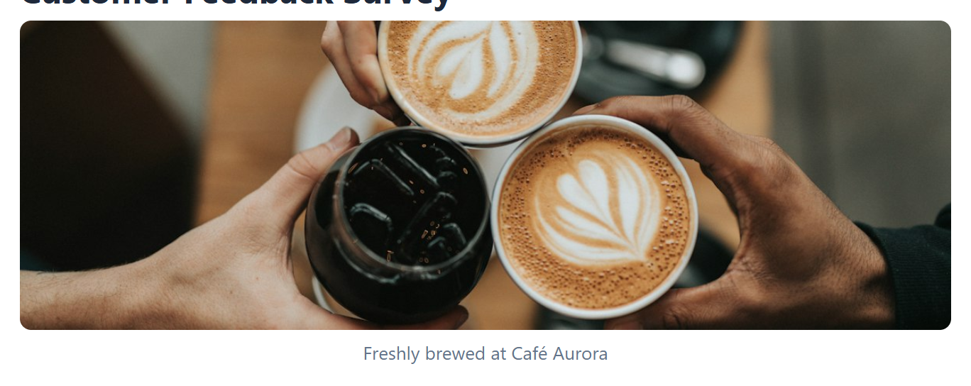 A photo of three coffee cups raised in a toast with the caption Freshly brewed at Café Aurora