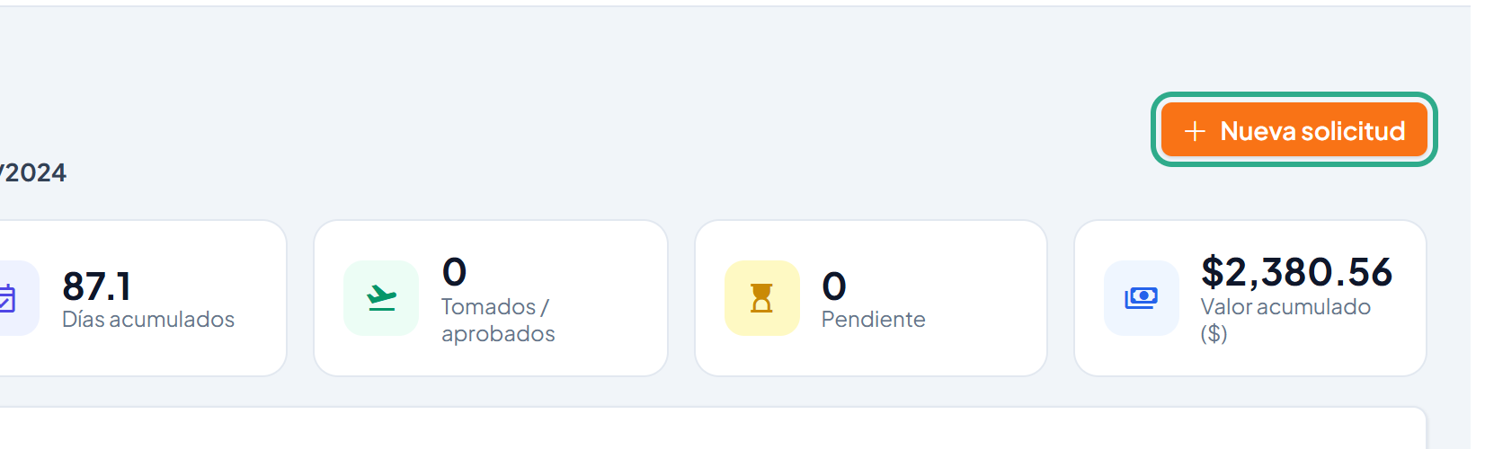 Botón Nueva solicitud resaltado en el detalle de vacaciones del empleado