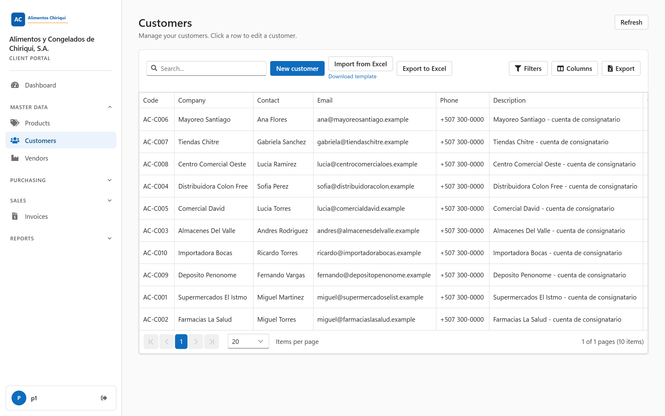 The Customers list with the New customer and Import from Excel buttons and the grid of customers