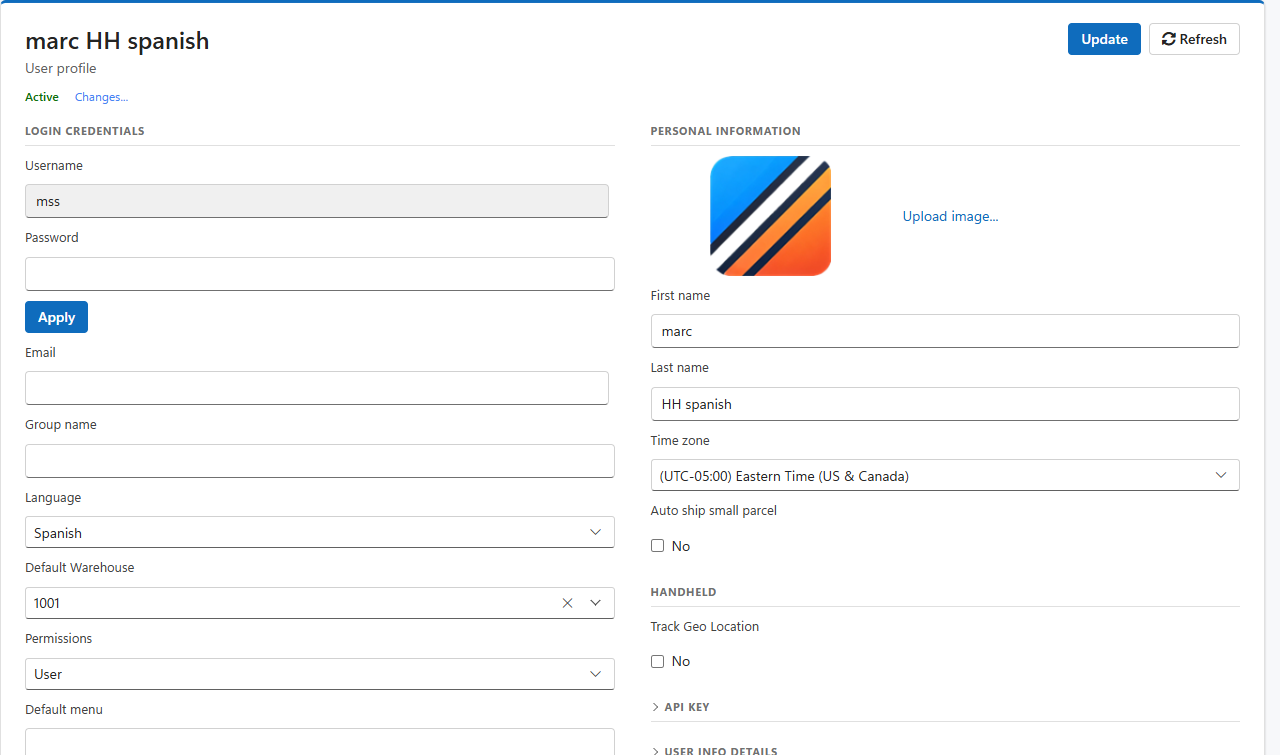 A user's profile: Login credentials on the left, Personal information and Handheld settings on the right
