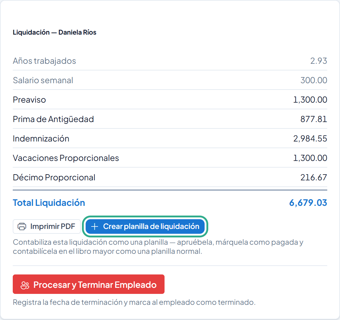 Bloque Liquidación con el botón Crear planilla de liquidación resaltado