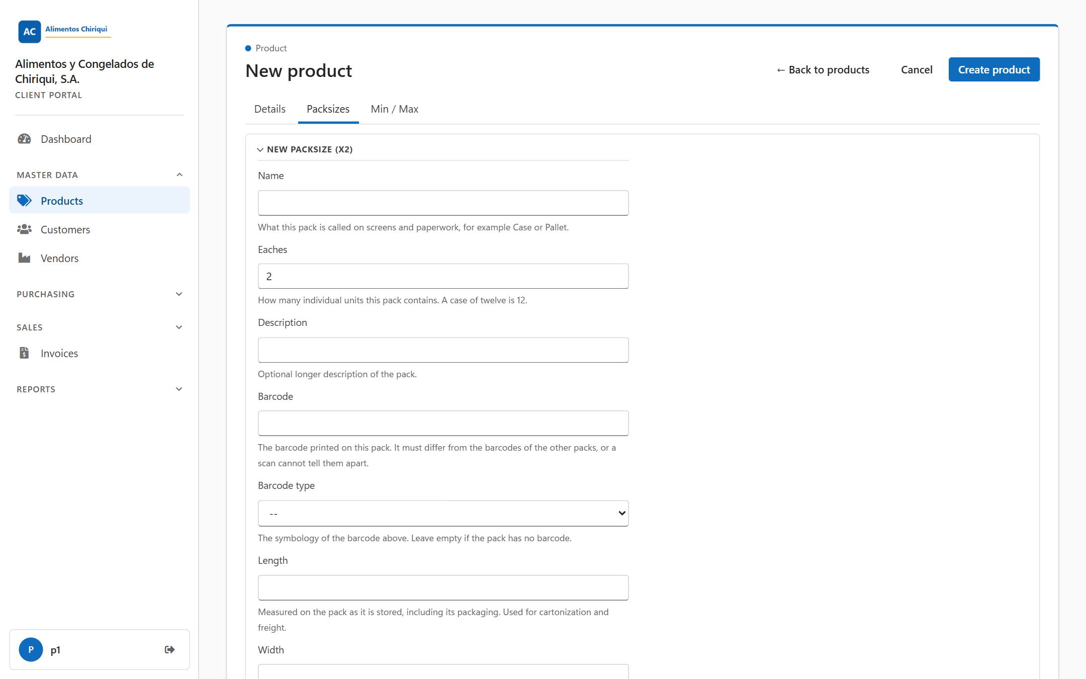 The Packsizes tab of a new product with a new pack being filled in