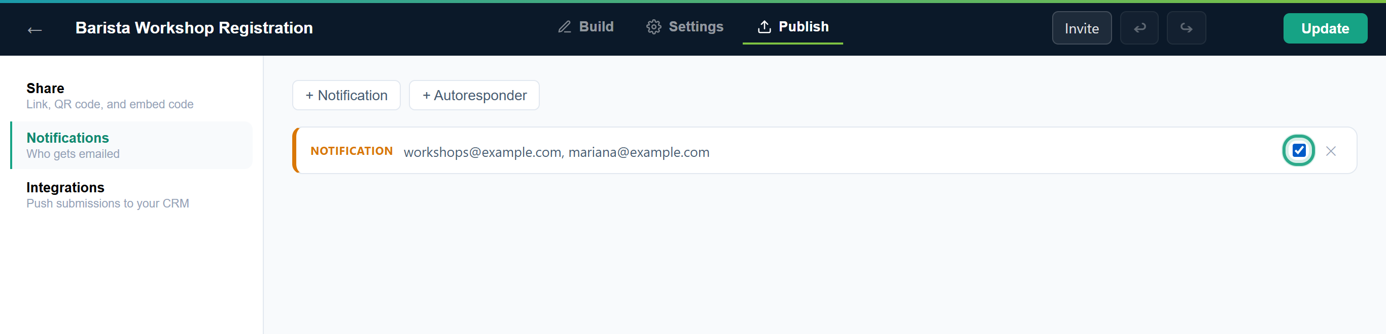 The closed Notification card, workshops@example.com, mariana@example.com, with its switch ticked and outlined