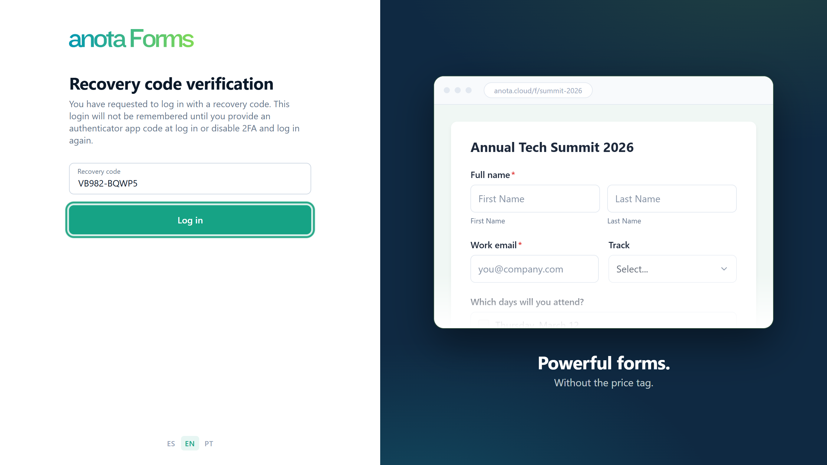 The Recovery code verification screen with a code typed in the Recovery code box and the Log in button outlined
