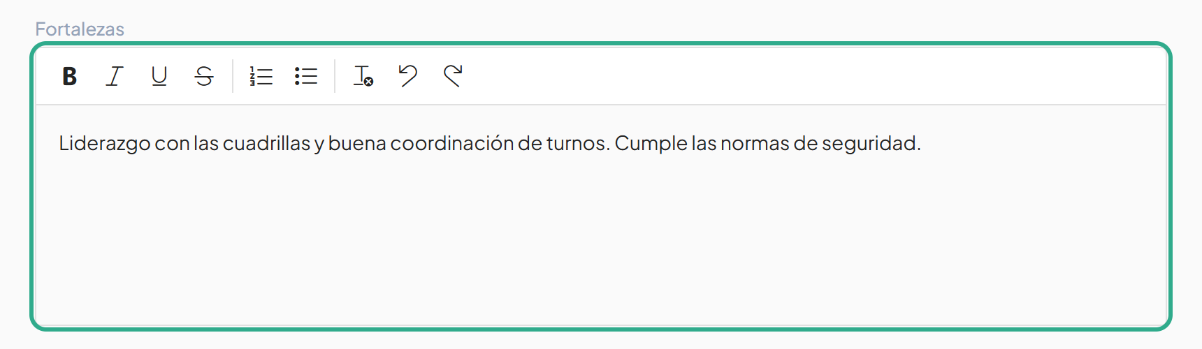 Editor Fortalezas resaltado con el texto de fortalezas