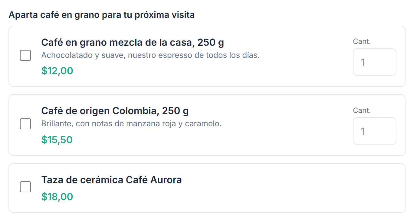 La pregunta Aparta café en grano para tu próxima visita con tres productos: Café en grano mezcla de la casa, Café de origen Colombia (los dos con cuadro Cant.) y una Taza de cerámica Café Aurora, con sus precios